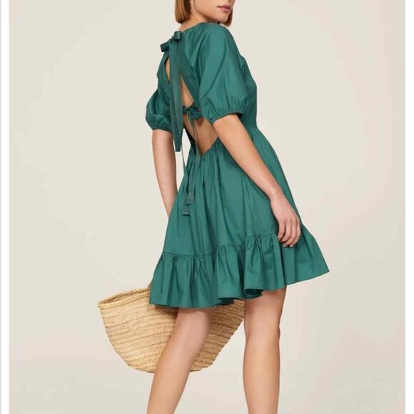 Peter Som Green Puff Sleeves Open Tie Back Ruffle A-line Summer Mini Dress 6 - Picture 1 of 10